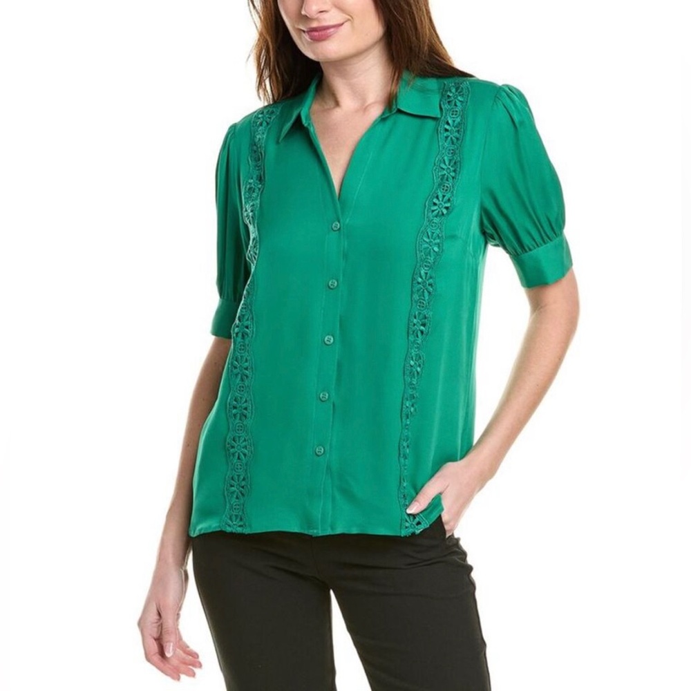 Ellie Tahari, The Aram Crochet-Trim Silk Blouse in Neptune Green, Medium
